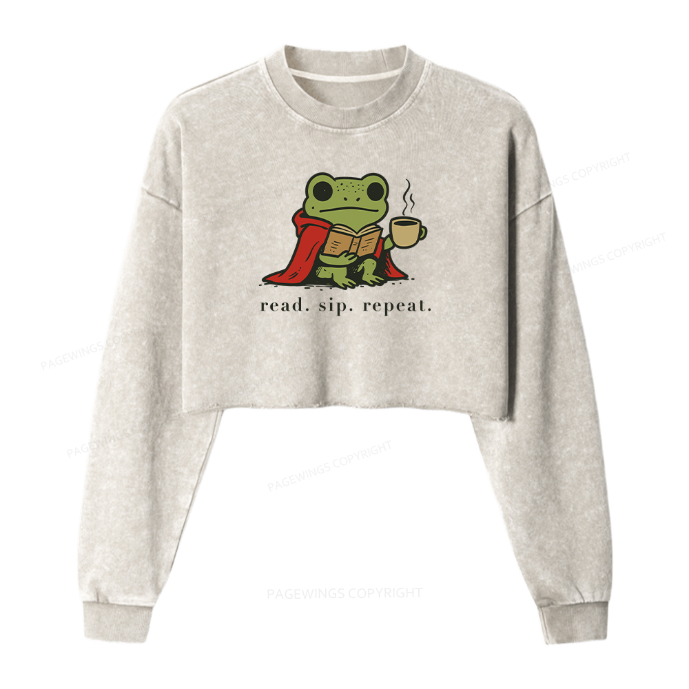 Pagewings Read Sip Repeat  Women Washed Crop Sweatshirt
