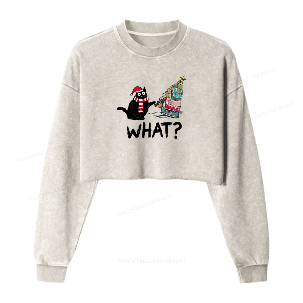 Pagewings Funny Cat Christmas Women Washed Crop Sweatshirt