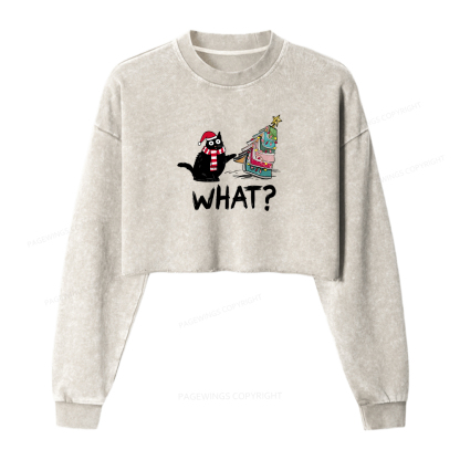 Pagewings Funny Cat Christmas Women Washed Crop Sweatshirt