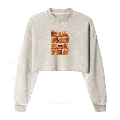 Pagewings Cozy Season Books Lover Women Washed Crop Sweatshirt