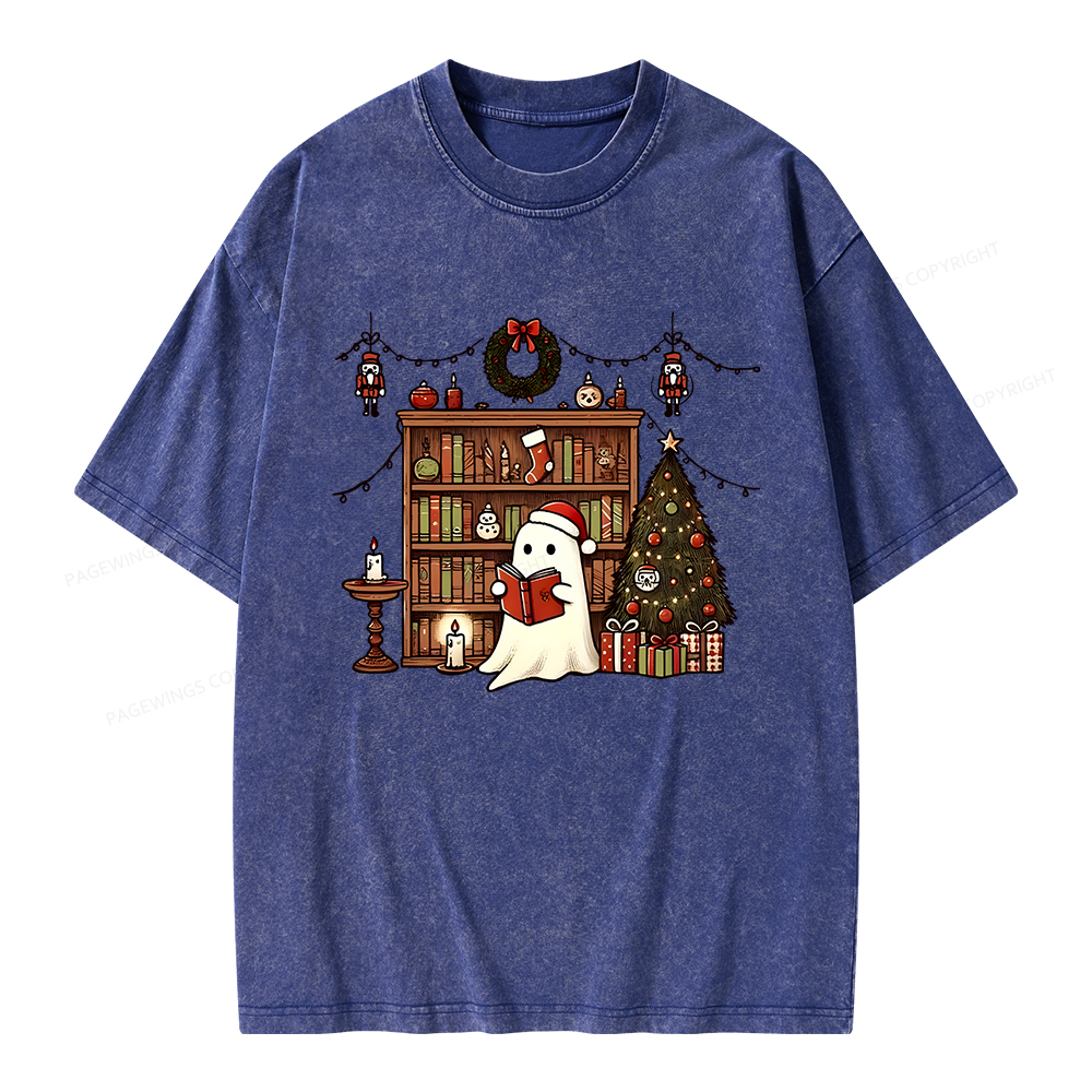 Pagewings Christmas Ghost Book Unisex Washed T-shirt