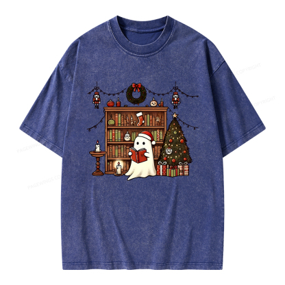Pagewings Christmas Ghost Book Unisex Washed T-shirt