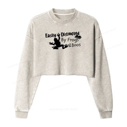 Pagewings Easily Distracted by Frogs& books Women Washed Crop Sweatshirt