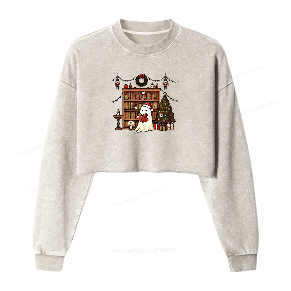 Pagewings Christmas Ghost Book Women Washed Crop Sweatshirt