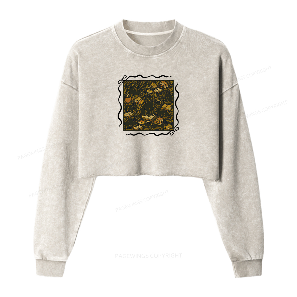 Pagewings Cats And Books Women Washed Crop Sweatshirt