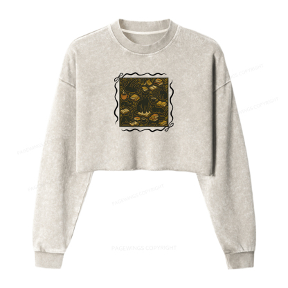 Pagewings Cats And Books Women Washed Crop Sweatshirt