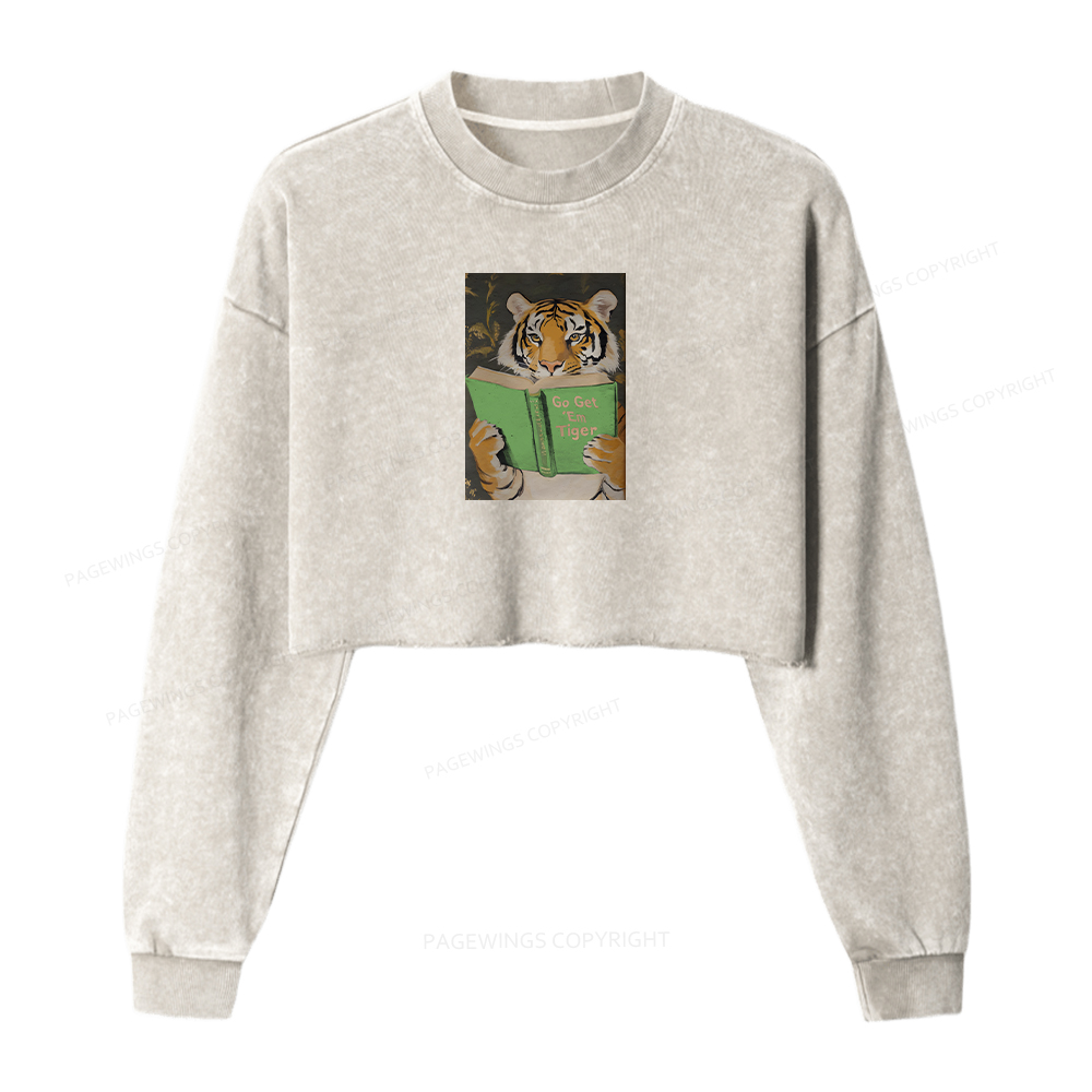 Pagewings Motivational Tiger Reading Women Washed Crop Sweatshirt