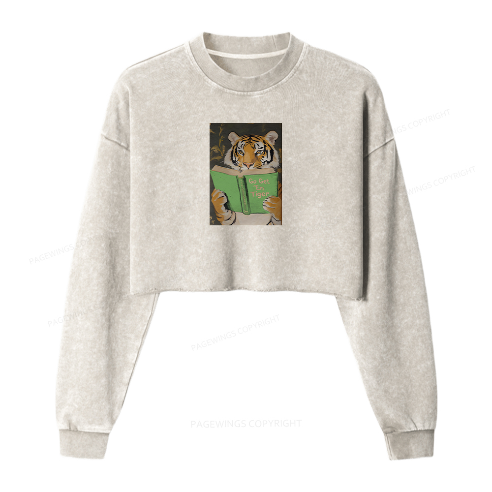 Pagewings Motivational Tiger Reading Women Washed Crop Sweatshirt