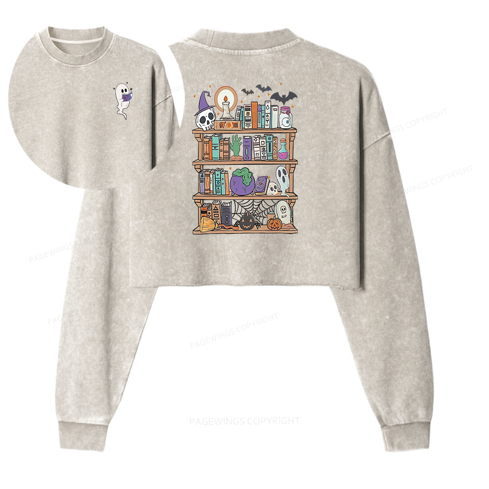 Pagewings Ghost Book Reader Halloween Women Washed Crop Sweatshirt
