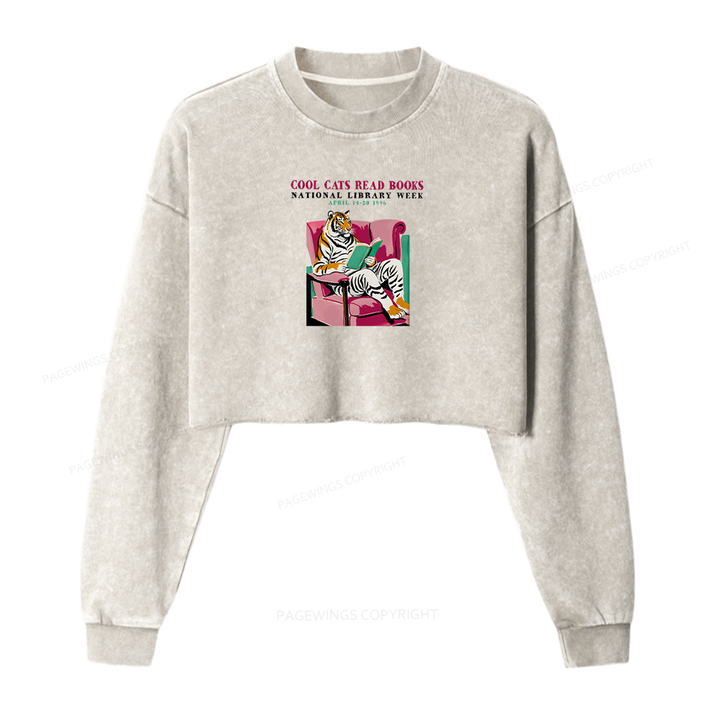 Pagewings Library Week Poster 1996 Women Washed Crop Sweatshirt