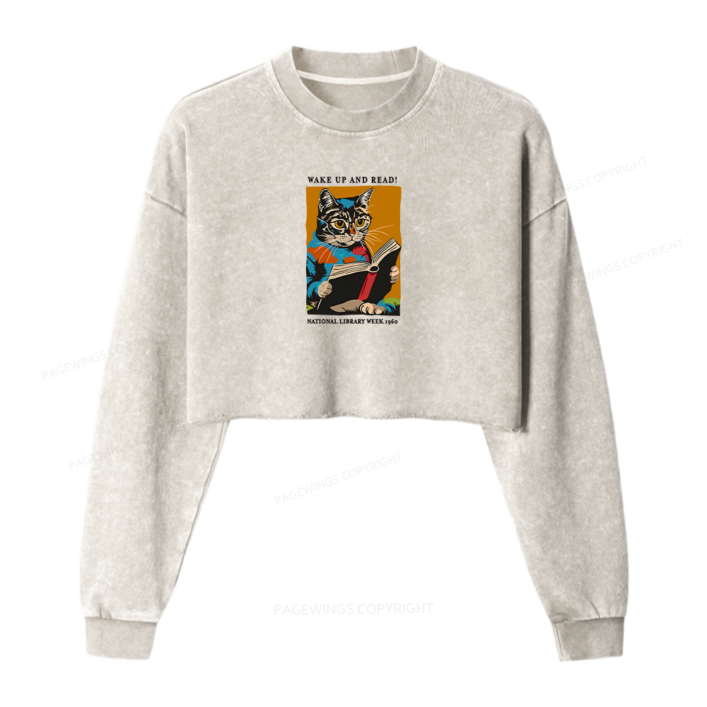 Pagewings Cat Reading Poster Women Washed Crop Sweatshirt