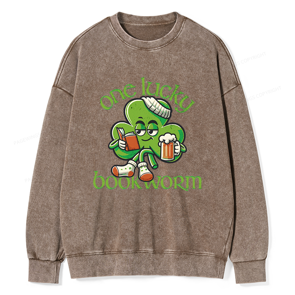 Pagewings  Lucky Book worm Shirt St. Patrick Day outfit Unisex Washed Sweatshirt