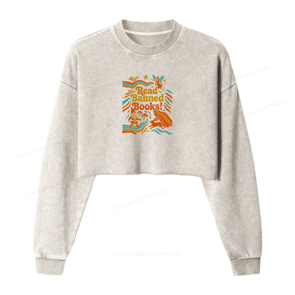 Pagewings Read Banned Books Fantasy Women Washed Crop Sweatshirt