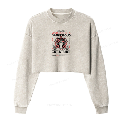 Pagewings A Well-Read Woman is A Dangerous Creature Women Washed Crop Sweatshirt