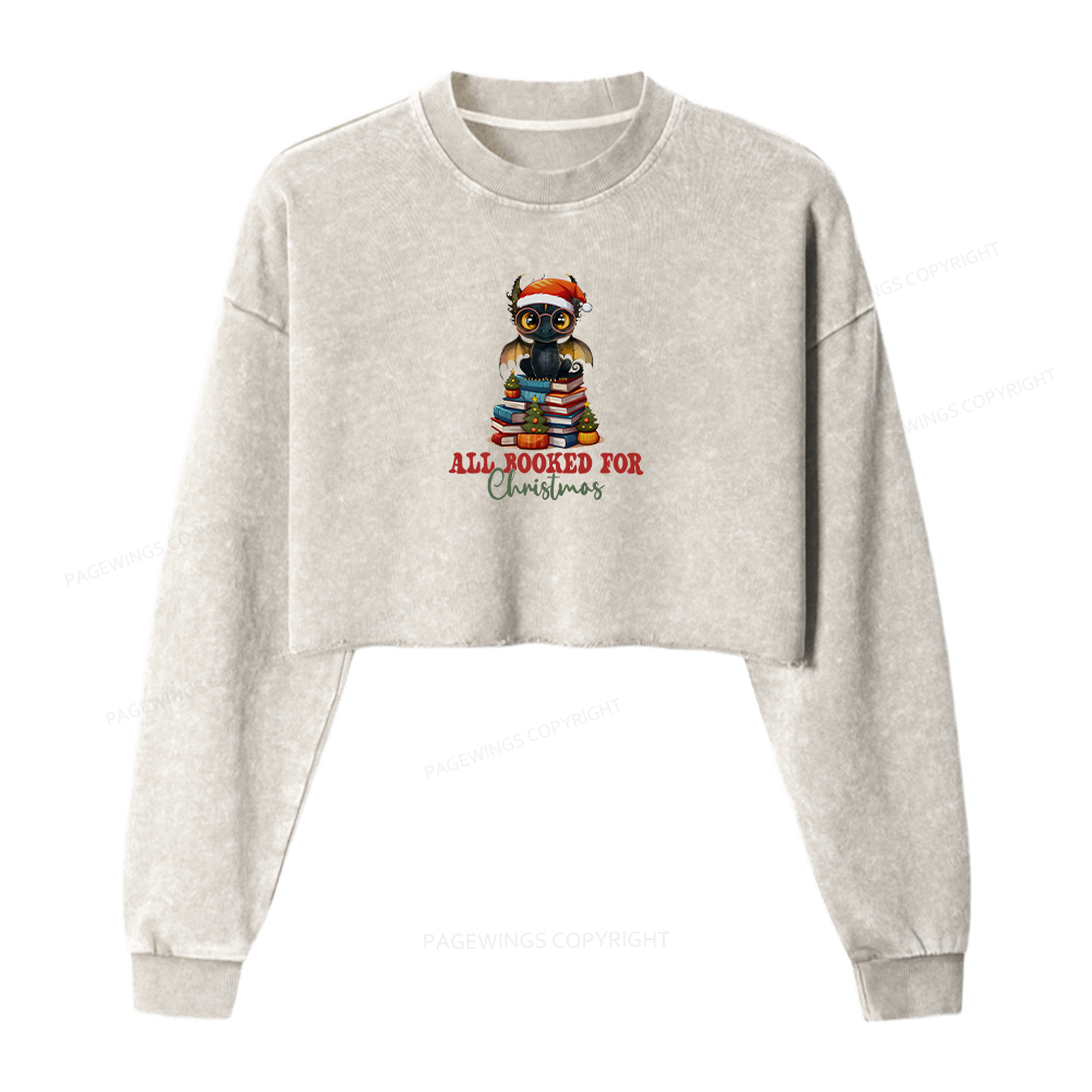 Pagewings Christmas Holiday Dragon Reader Women Washed Crop Sweatshirt