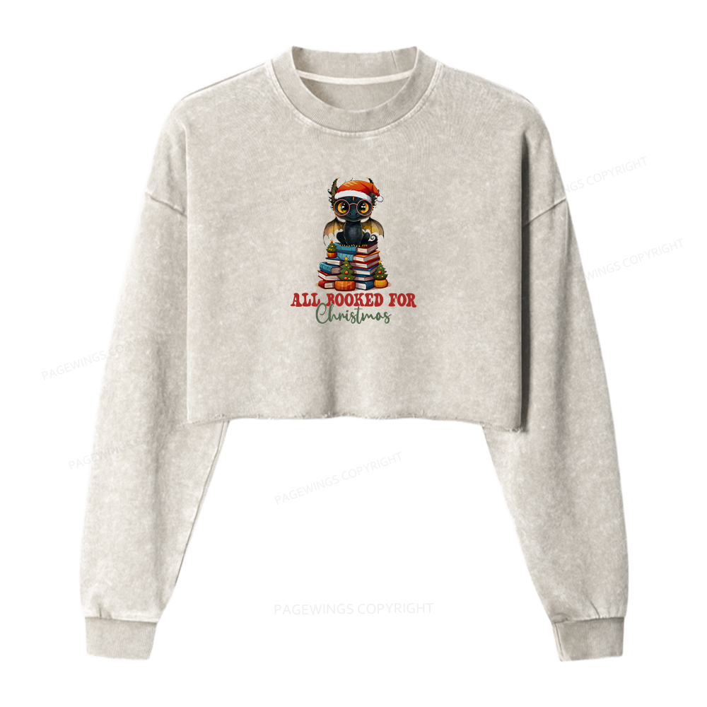Pagewings Christmas Holiday Dragon Reader Women Washed Crop Sweatshirt