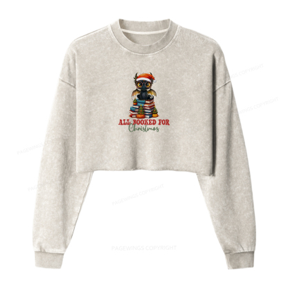 Pagewings Christmas Holiday Dragon Reader Women Washed Crop Sweatshirt