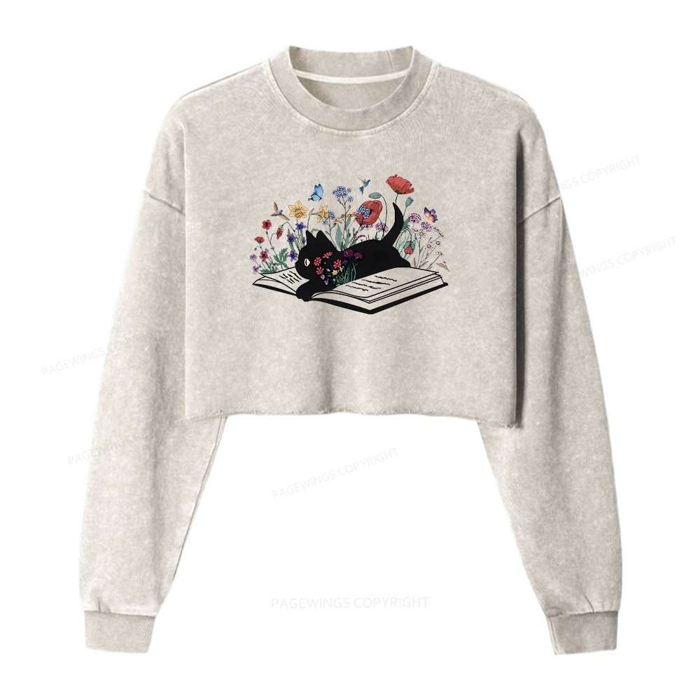 Pagewings Cute Book Cat Women Washed Crop Sweatshirt