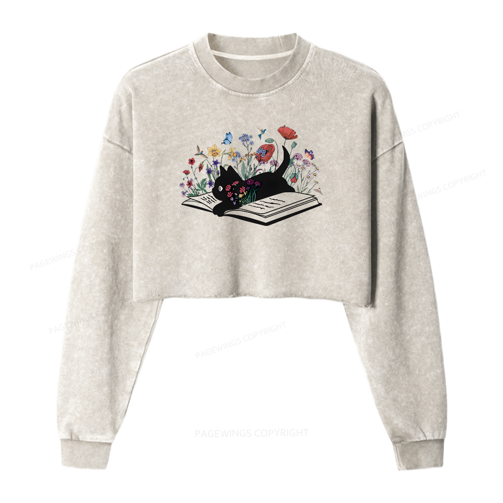 Pagewings Cute Book Cat Women Washed Crop Sweatshirt
