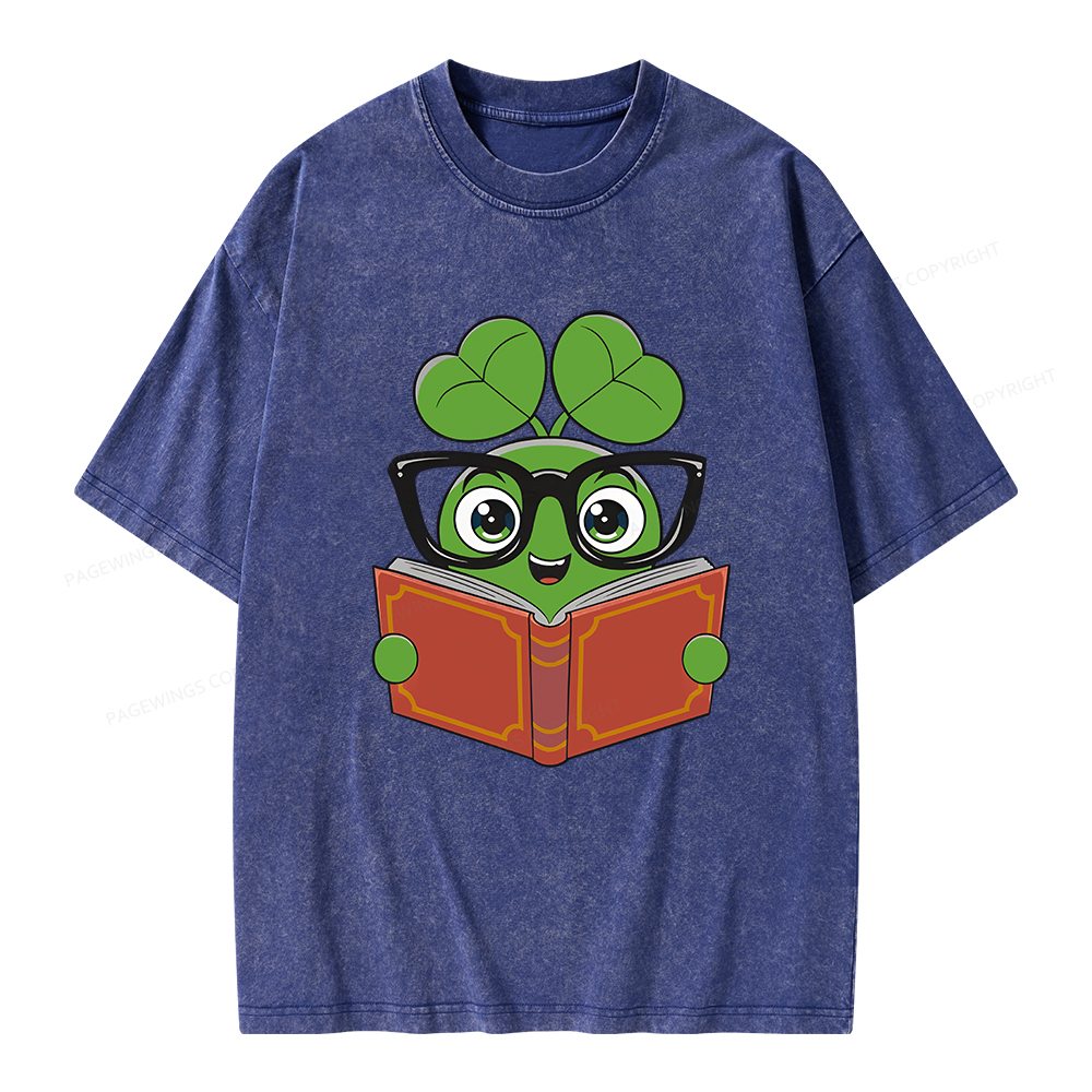 Pagewings Cute Reading Clover Tee Lucky Bookworm T-Shirt Unisex Washed T-shirt
