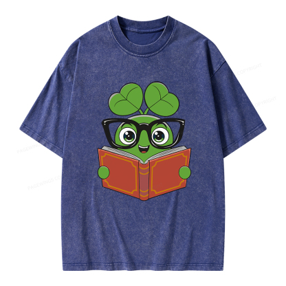 Pagewings Cute Reading Clover Tee Lucky Bookworm T-Shirt Unisex Washed T-shirt