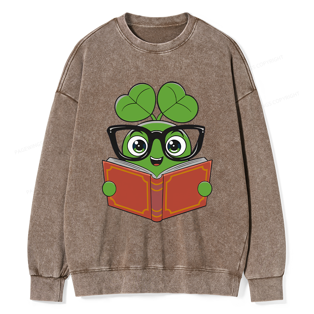  Pagewings Cute Reading Clover Tee Lucky Bookworm T-Shirt Unisex Washed Sweatshirt