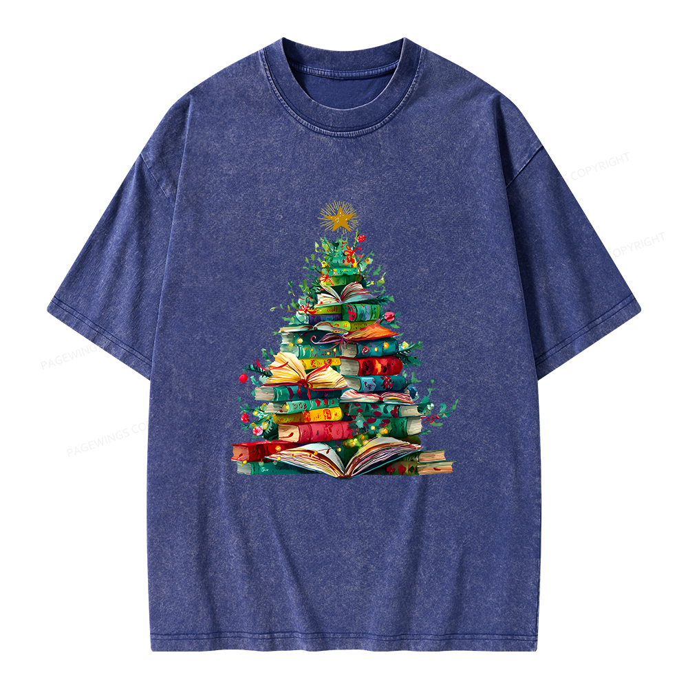 Pagewings Christmas Book Tree Unisex Washed T-shirt