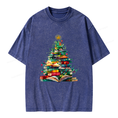 Pagewings Christmas Book Tree Unisex Washed T-shirt