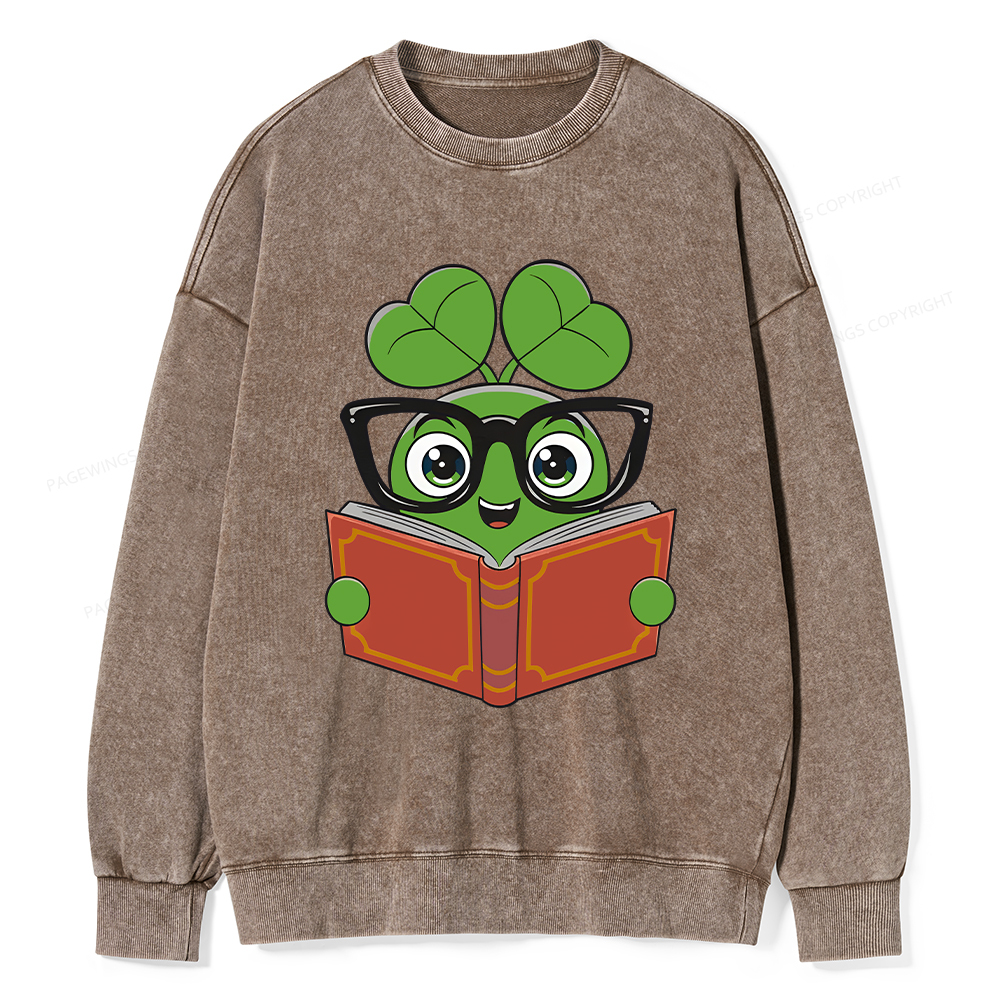  Pagewings Cute Reading Clover Tee Lucky Bookworm T-Shirt Unisex Washed Sweatshirt