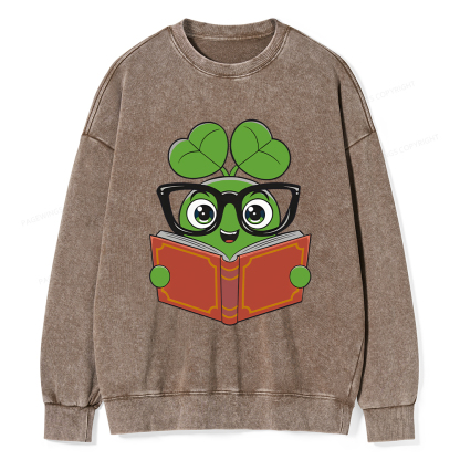  Pagewings Cute Reading Clover Tee Lucky Bookworm T-Shirt Unisex Washed Sweatshirt