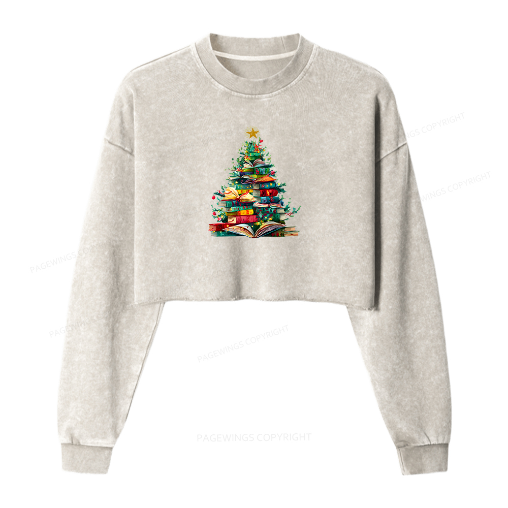 Pagewings Christmas Book Tree Women Washed Crop Sweatshirt