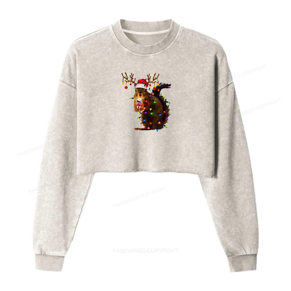 Pagewings Christmas Squirrel Lights Women Washed Crop Sweatshirt