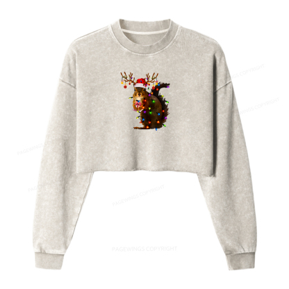 Pagewings Christmas Squirrel Lights Women Washed Crop Sweatshirt