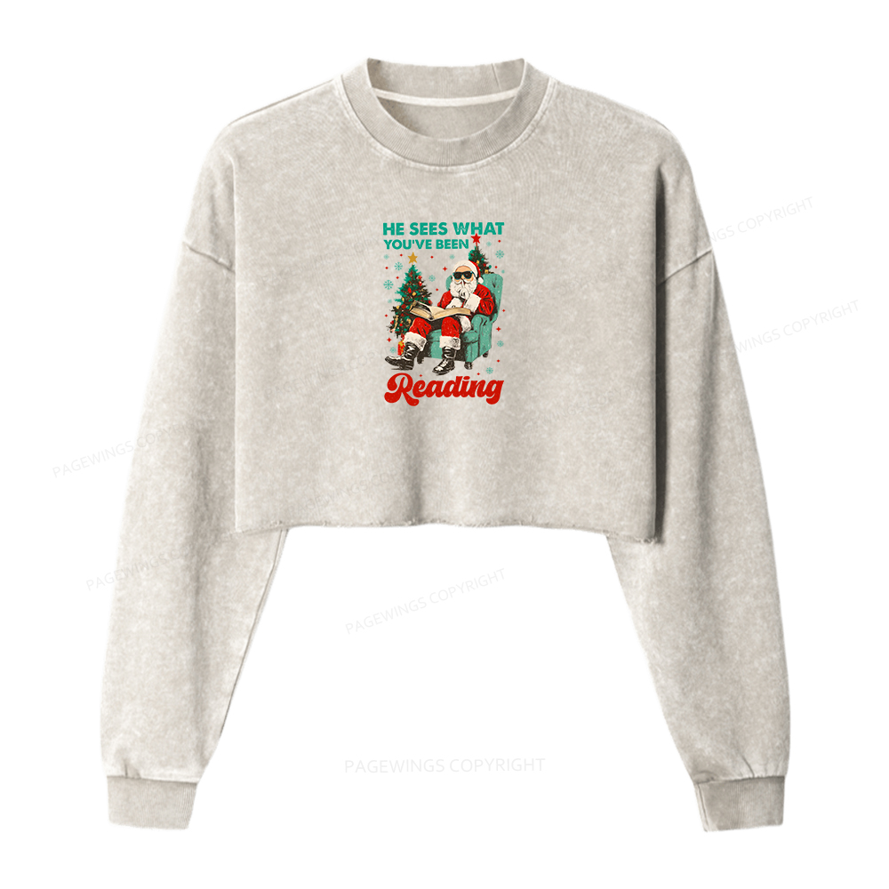 Pagewings Christmas Reading Women Washed Crop Sweatshirt