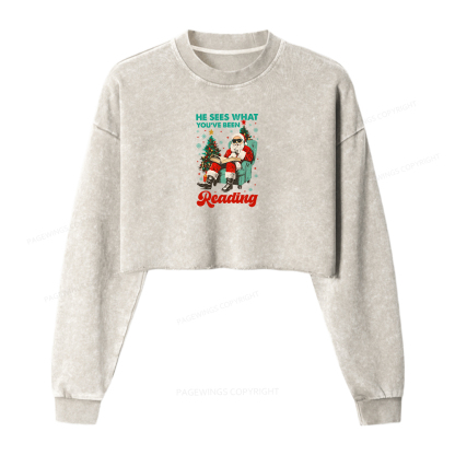 Pagewings Christmas Reading Women Washed Crop Sweatshirt