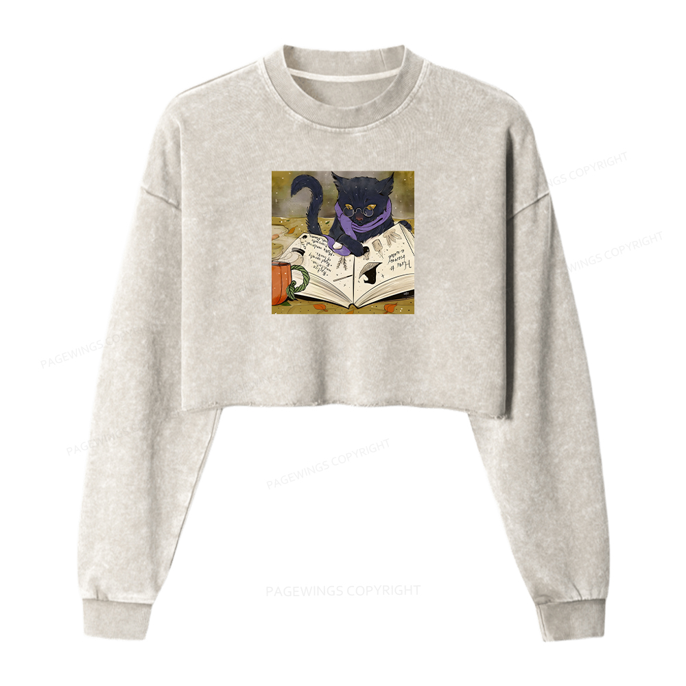 Pagewings Magic Book Lover Women Washed Crop Sweatshirt