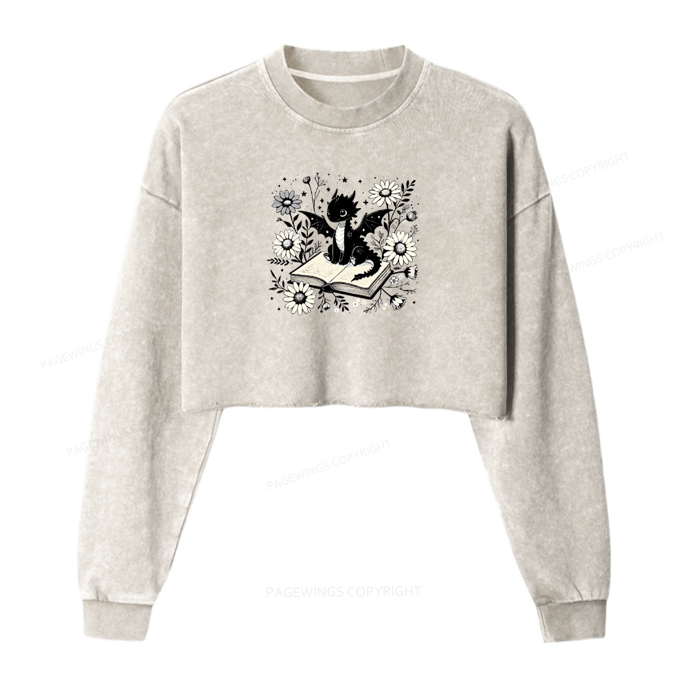 Pagewings Bookworm Dragon Women Washed Crop Sweatshirt