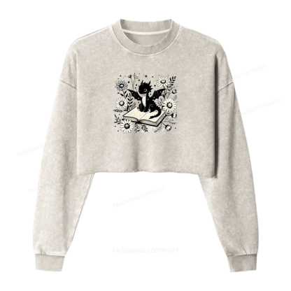 Pagewings Bookworm Dragon Women Washed Crop Sweatshirt