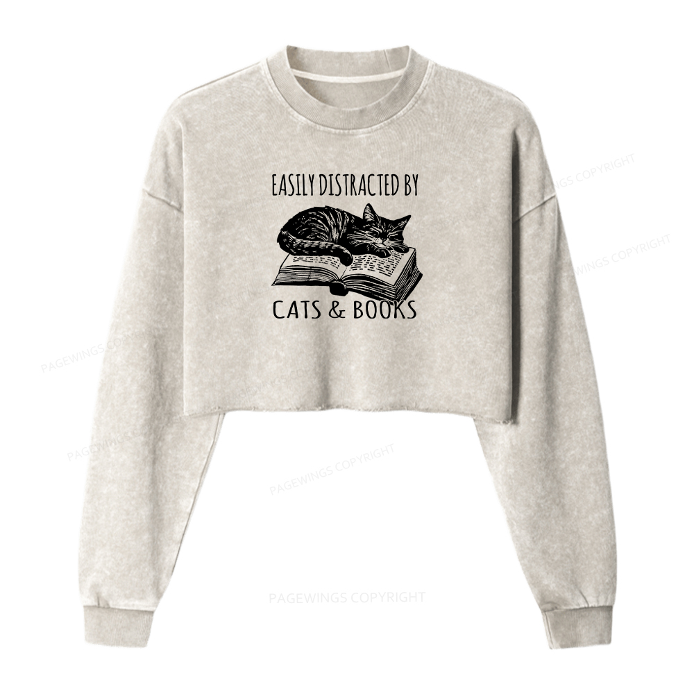 Pagewings Easily Distracted By Cats & Books Women Washed Crop Sweatshirt