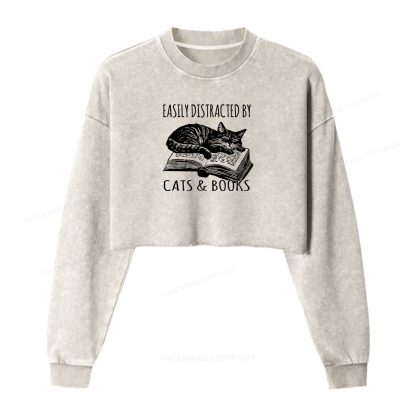 Pagewings Easily Distracted By Cats & Books Women Washed Crop Sweatshirt