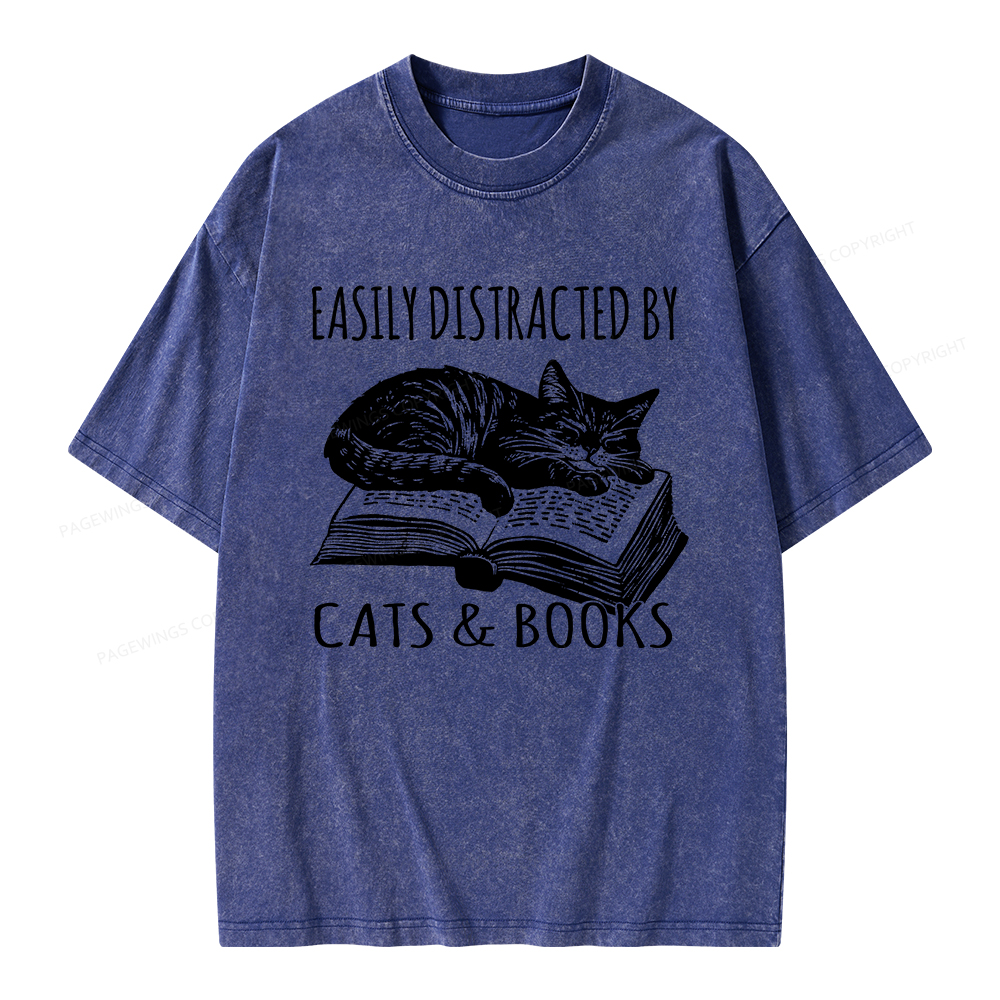 Pagewings Easily Distracted By Cats & Books Unisex Washed T-shirt