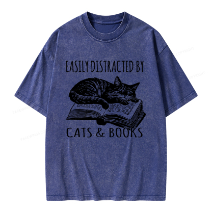 Pagewings Easily Distracted By Cats & Books Unisex Washed T-shirt