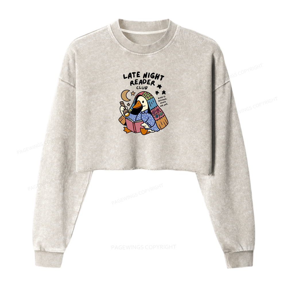 Pagewings Late Night Reader Club Women Washed Crop Sweatshirt