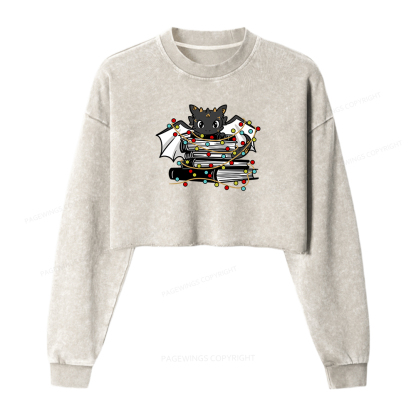 Pagewings Cute Book Dragon Holiday Women Washed Crop Sweatshirt