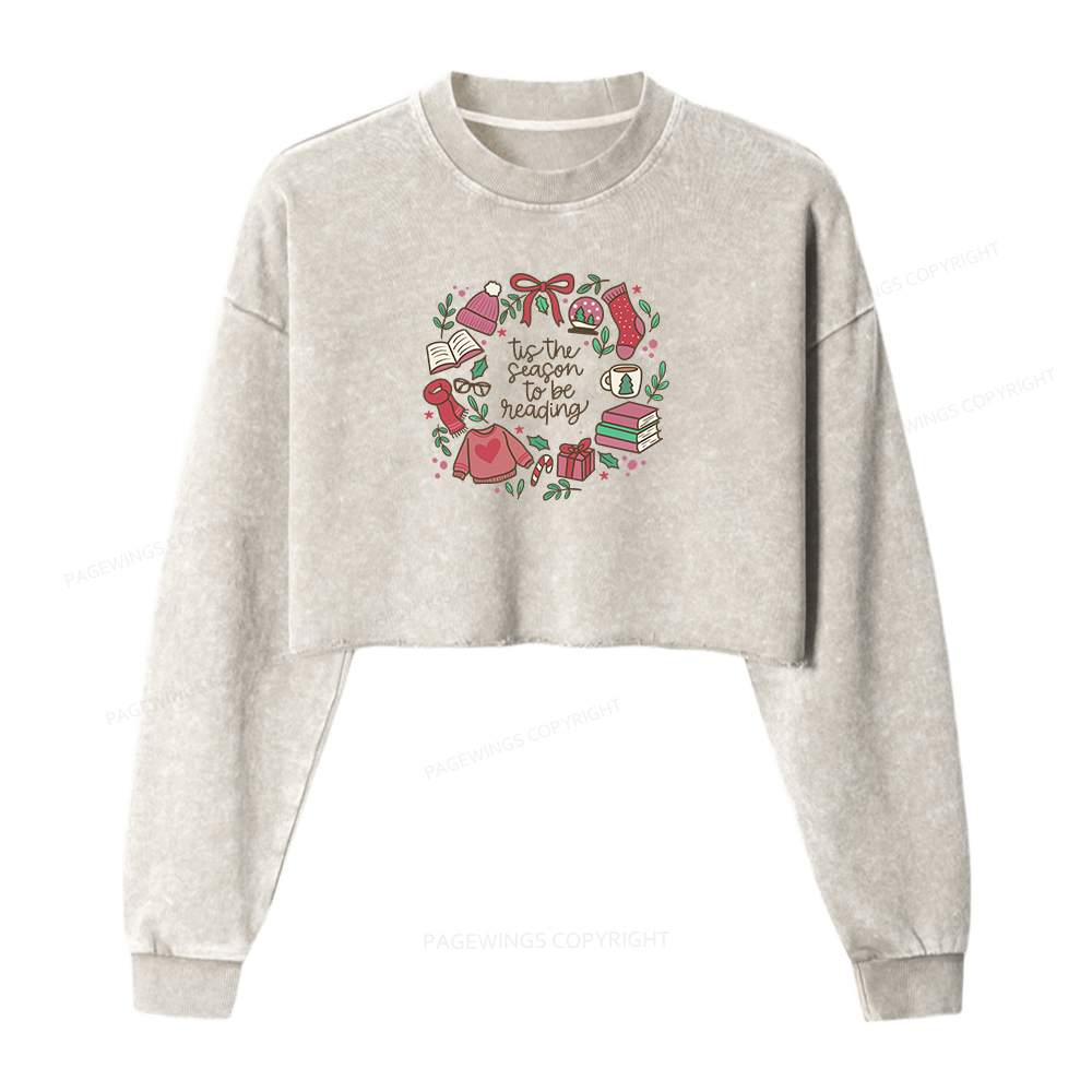 Pagewings Tis The Season To Be Reading Women Washed Crop Sweatshirt