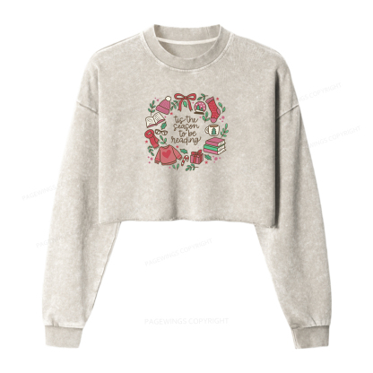 Pagewings Tis The Season To Be Reading Women Washed Crop Sweatshirt