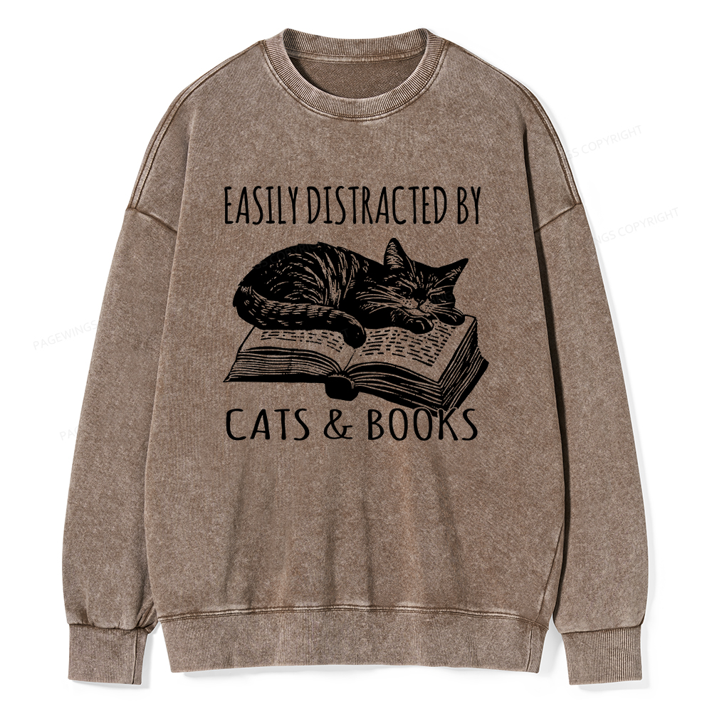 Pagewings Easily Distracted By Cats & Books Unisex Washed Sweatshirt