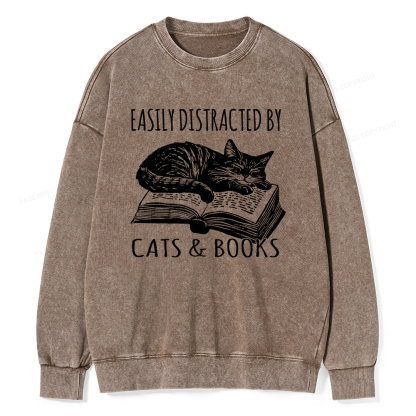 Pagewings Easily Distracted By Cats & Books Unisex Washed Sweatshirt