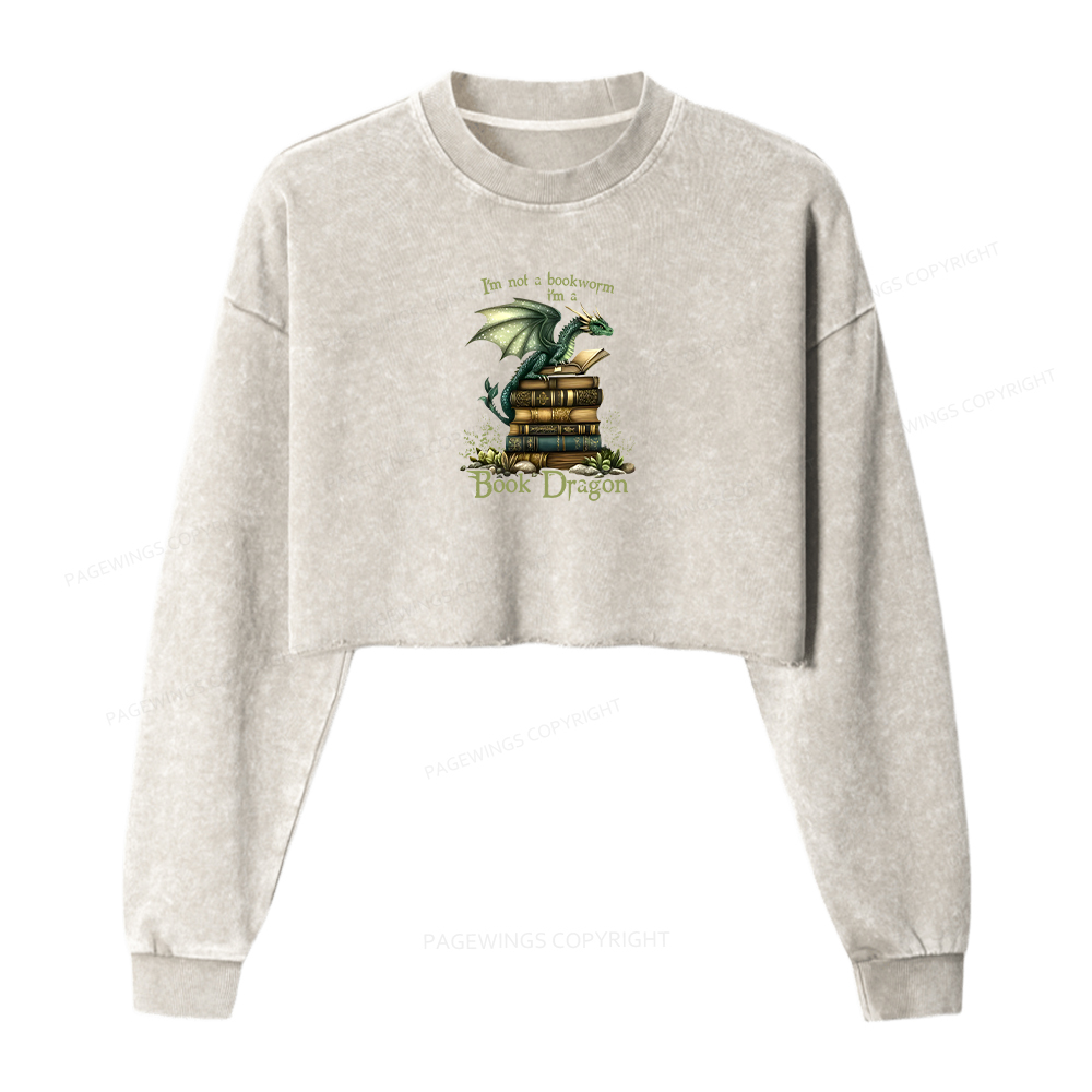 Pagewings Book Dragon Women Washed Crop Sweatshirt