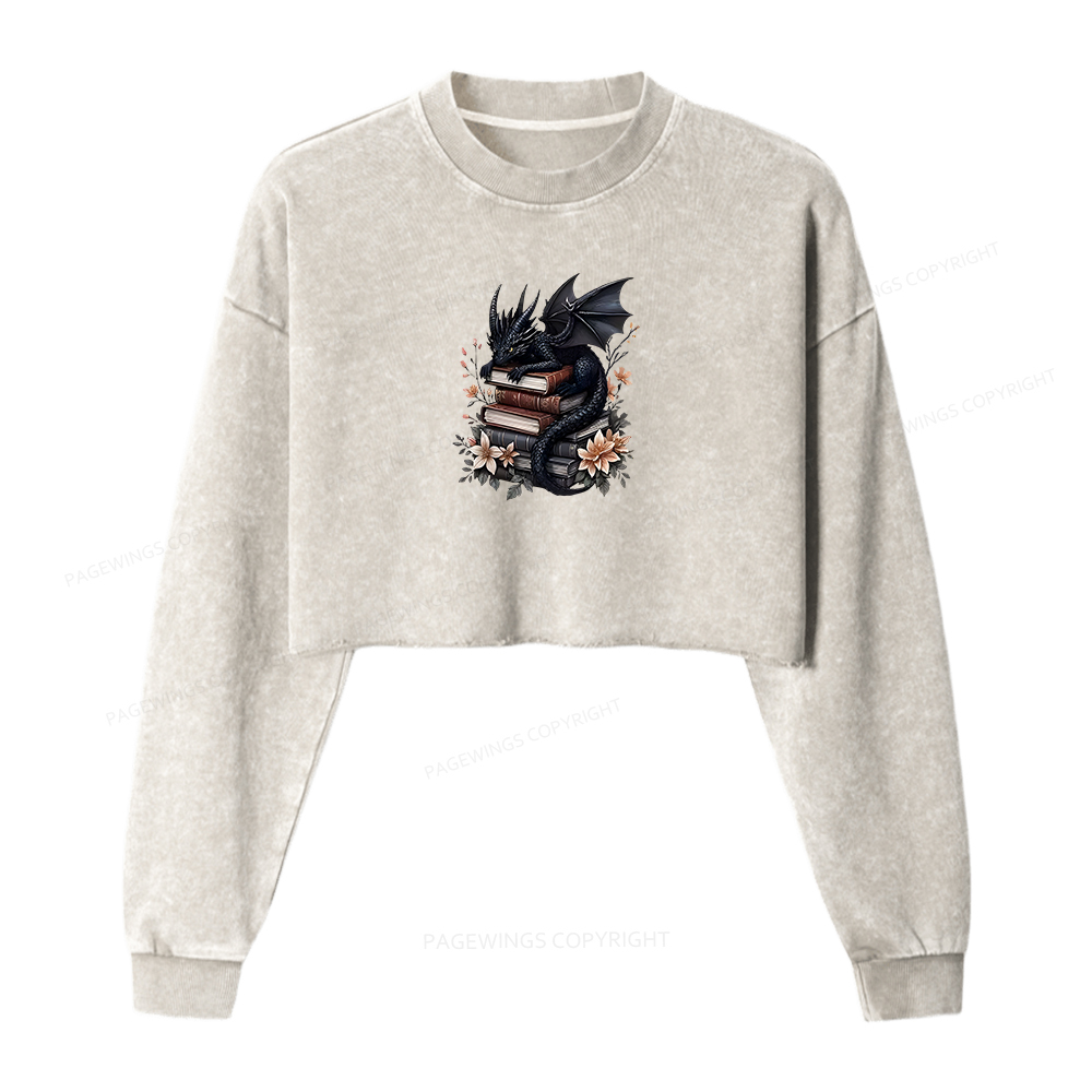 Pagewings Black Dragon Book Women Washed Crop Sweatshirt